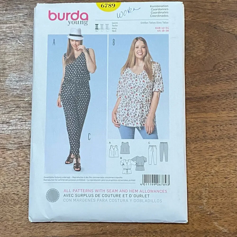Burda sewing pattern #6789 casual top & pants UNCUT size US 16-28